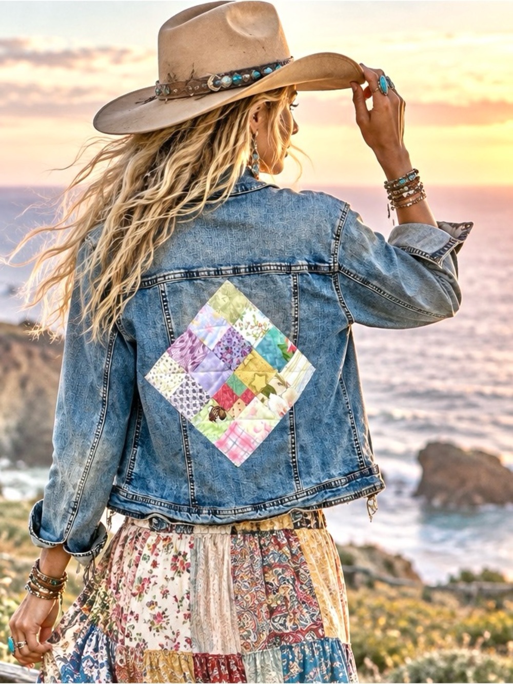 Upcycled Patchwork quilt patch boho Denim Jacket w cottagecore granny vibe